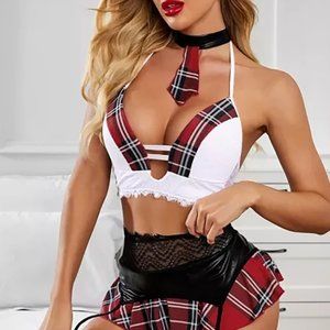 Plaid Print Top & Lace Skirt Lingerie Costume Set